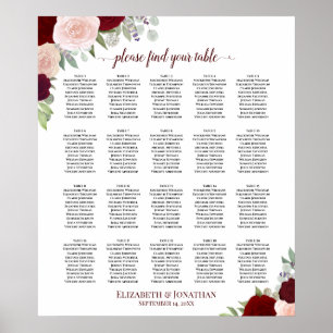 20 Tabel Rood en roze Floral Wedding Seating Chart Poster