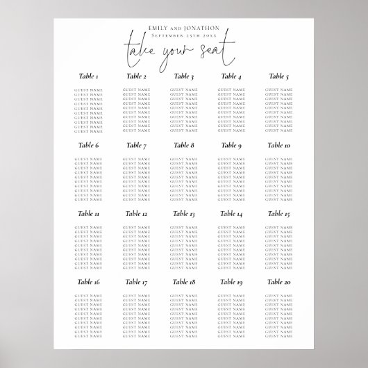 20 Table Script noir et blanc Tableau de sièges (Devant)