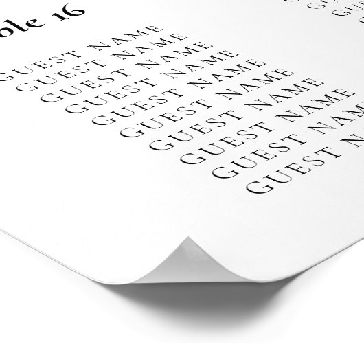 20 Table Script noir et blanc Tableau de sièges (Coin)