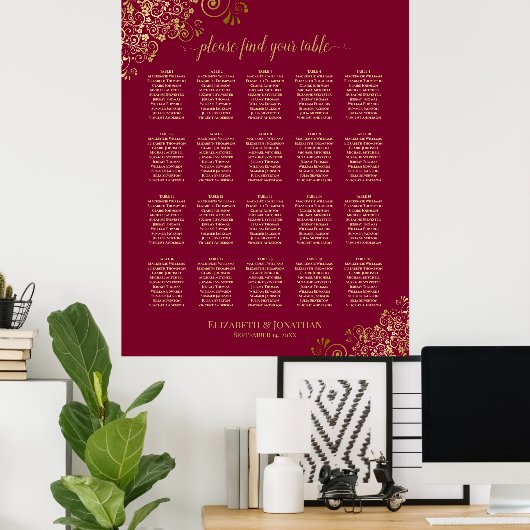 20 Tableau Élégant Burgundy & Gold Seating Chart (Bureau à domicile)