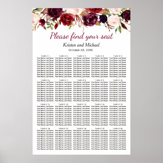 20 Tables Burgundy Floral Wedding Seating Chart Poster (Voorkant)