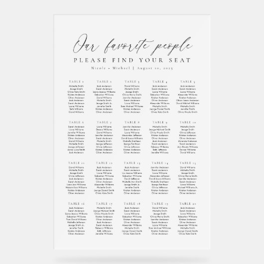 20 Tables Favorite People Acrylic Seating Chart (Recto)
