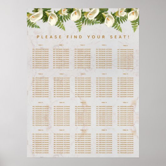 20 Tables Tableau de siège Marbre Calla Lilies Flo (Devant)