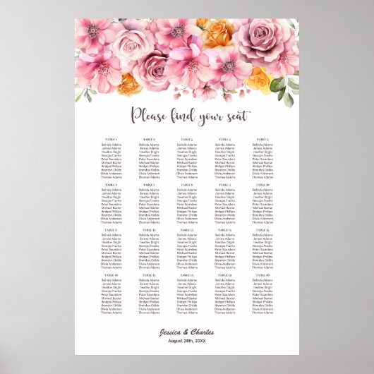 20 Tafel Elegant Roze Bloemen Bruiloft Zitkaarten Poster (Voorkant)