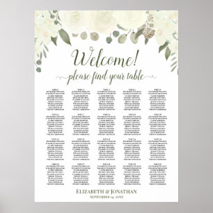 20 Tafel Ivory White Roses Wedding Seating Chart Poster