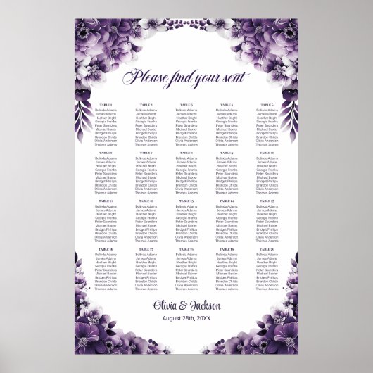 20 tafel Paarse bloemenbruiloft zitgrafiek Poster (Voorkant)