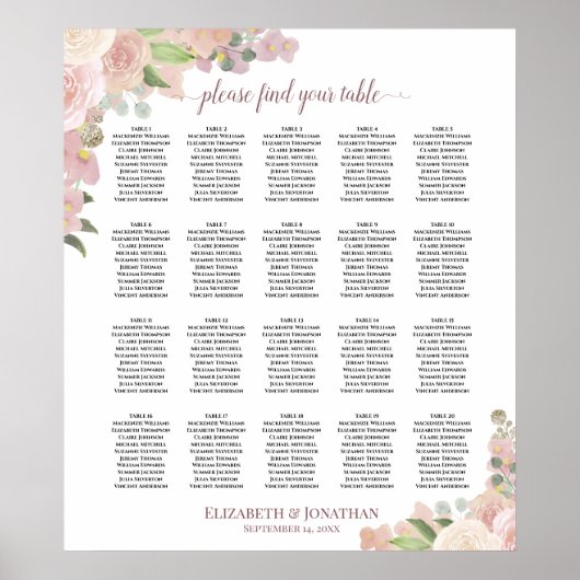 20 Tafel Stusty Pink Floral Wedding Seating Chart Poster (Voorkant)