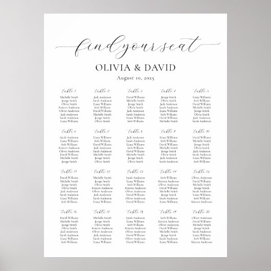 20 Tafels Eenvoudig Vind uw zitplaatskaart Poster (Voorkant)