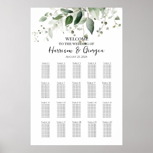 20 Tafels Groen Elegante Bruiloft Zittafel Grafiek Poster (Voorkant)
