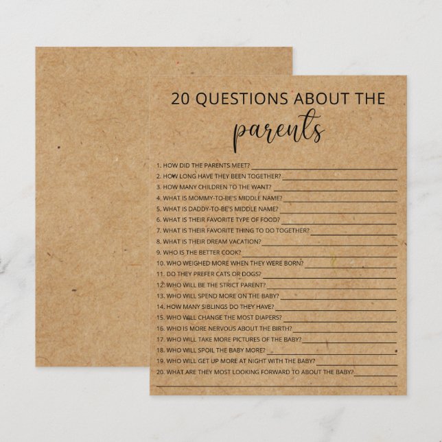 20 Vragen over de wedstrijd Parents baby shower (Voorkant / Achterkant)