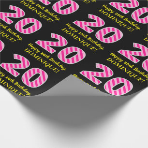 "20" vun. roze strepen; Happy 20th Birthday; Naam Cadeaupapier