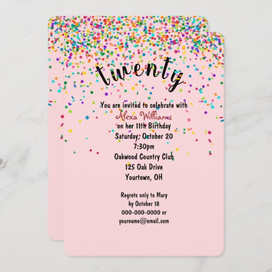 20e Anniversaire Fête confetti Invitation (Devant / Derrière)