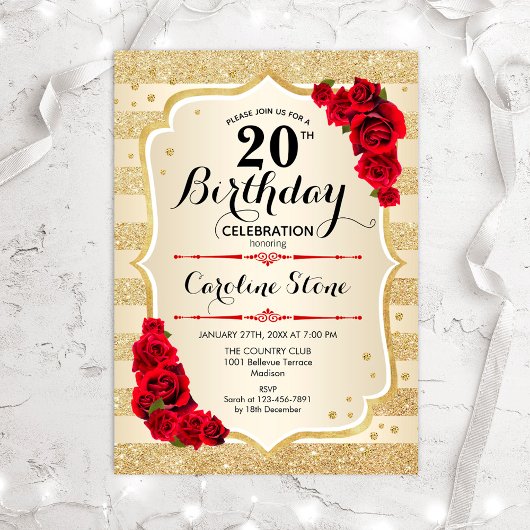 20e anniversaire - Gold Stripes Invitation Rose
