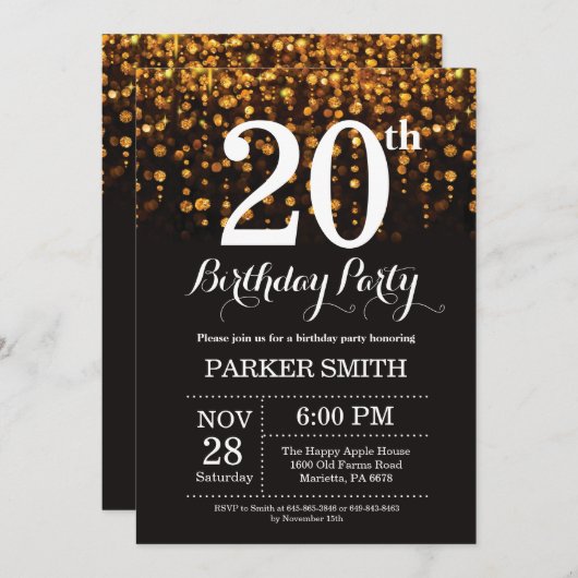 20e anniversaire Invitation Parties scintillant d' (Devant / Derrière)