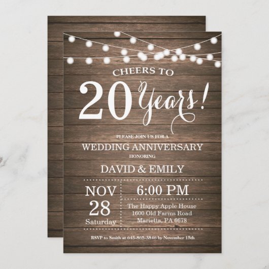 20e bruiloft Jubileum Uitnodiging Rustic Wood (Voorkant / Achterkant)