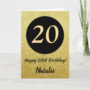 20e Happy Birthday Zwart en Goud Glitter Kaart