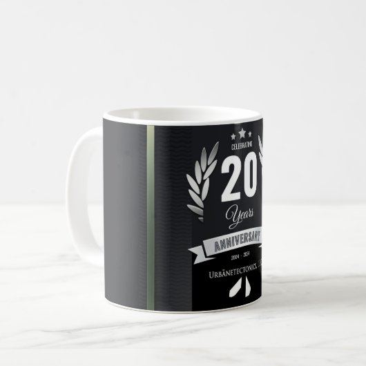 20e Jaar Jubileum Koffie Mok Zwart Wit Grijs (Voorkant links)