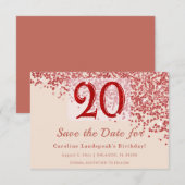 20e Ruby Red Glitter Champagne Save the Date (Voorkant / Achterkant)