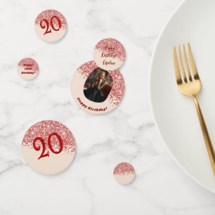 20e Ruby Red Glitter Verjaardag Foto Tafel Confetti