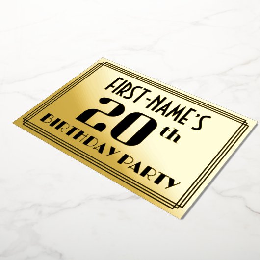 20e verjaardag: Art Deco Kijk "20" en naam Folie Uitnodiging (Gedraaid)
