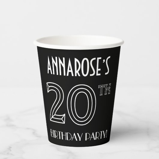 20e verjaardag: Art Deco Style + aangepaste naam Papieren Bekers (Voorkant)