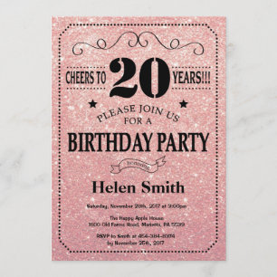 20e Verjaardag Black en Pink Rose Gold Glitter Kaart