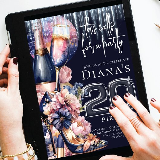 20e verjaardag blauw roze hiel champagne kaart