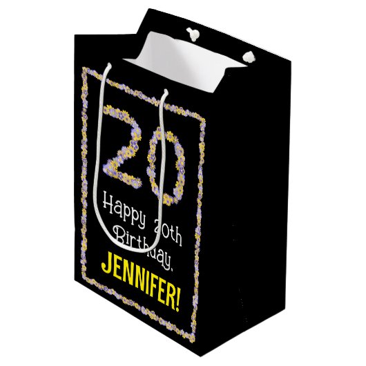 20e verjaardag: Floral Flowers Number, Custom Name Medium Cadeauzakje (Voorkant Gekanteld)