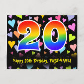 20e verjaardag: Fun Hearts Pattern, Regenboog 20 Briefkaart (Voorkant)