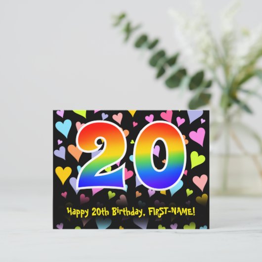 20e verjaardag: Fun Hearts Pattern, Regenboog 20 Briefkaart (Staand voorkant)