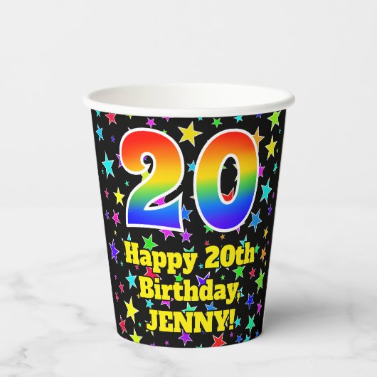 20e verjaardag: Fun Stars Pattern en Rainbow 20 Papieren Bekers (Achterkant)