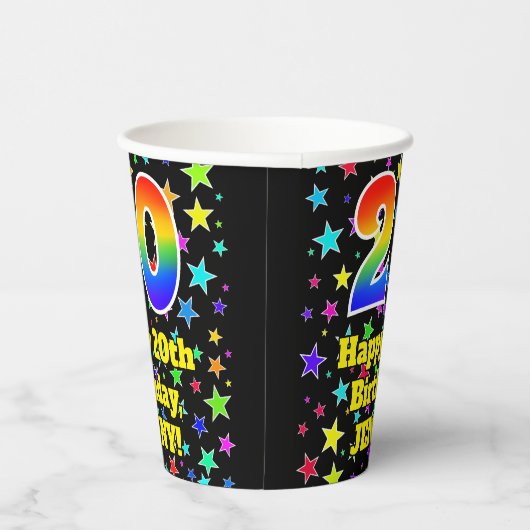 20e verjaardag: Fun Stars Pattern en Rainbow 20 Papieren Bekers (Rechts)