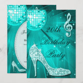20e verjaardag Glitter Hakken en Teal Disco Bal Kaart (Voorkant / Achterkant)