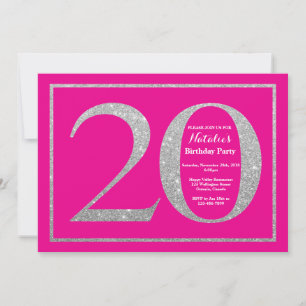 20e verjaardag hete roze en zilveren glitters kaart