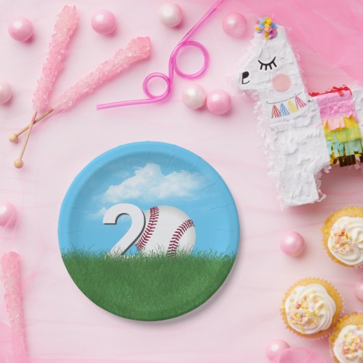20e verjaardag honkbal in groen gras papieren bordje (Feest)