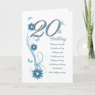 20e verjaardag in blauwgroen met bloemen en vlinde kaart