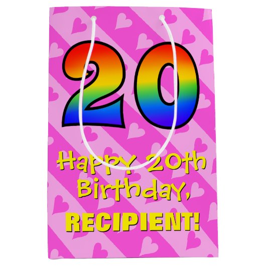 20e verjaardag: Leuke roze harten strepen; Regenbo Medium Cadeauzakje (Voorkant)
