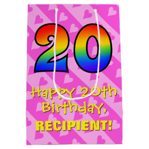 20e verjaardag: Leuke roze harten strepen; Regenbo Medium Cadeauzakje