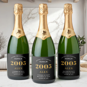 20e Verjaardag Naam 2005 Zwart Goud Elegant Chic Sparkling Wijnetiket