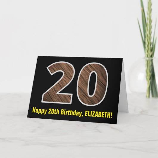 20e verjaardag: Naam + Faux Wood Grain Patroon "20 Kaart (Voorkant)