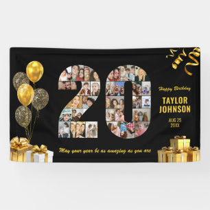 20e Verjaardag Nummer 20 Fotocollage Zwart Goud Spandoek
