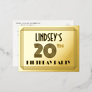 20e verjaardag partij ~ Art Deco Style "20" + naam Folie Uitnodiging Briefkaart