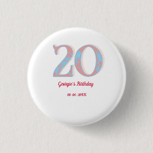 20E VERJAARDAG PERZIK BLAUW OUDERWETS NAAM STIJLVO RONDE BUTTON 3,2 CM