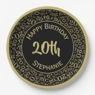 20e verjaardag Random Number Pattern 20 Black/Gold Papieren Bordje