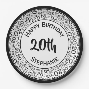 20e verjaardag Random Number Pattern 20 Black/Whit Papieren Bordje