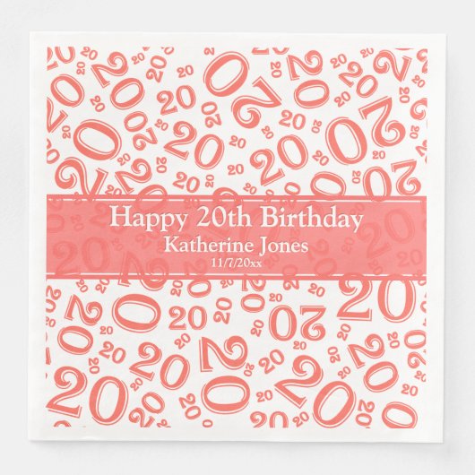 20e verjaardag Random Number Pattern Coral/White Servet (Voorkant)