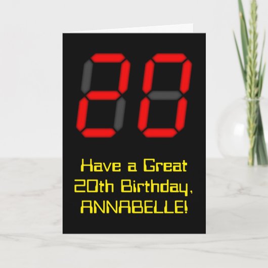 20e verjaardag: Red Digital Clock Style "20" + naa Kaart (Voorkant)