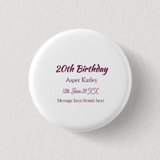 20e verjaardag roze paarse naam datum bericht eenv ronde button 3,2 cm