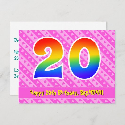 20e verjaardag: roze strepen en harten, regenboog briefkaart (Voorkant / Achterkant)
