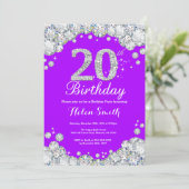20e verjaardag uitnodiging Paarse en zilveren diam (Staand voorkant)